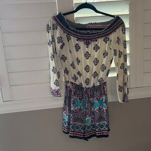 BeBop Cream Teal and Purple Printed Off-Shoulder Romper